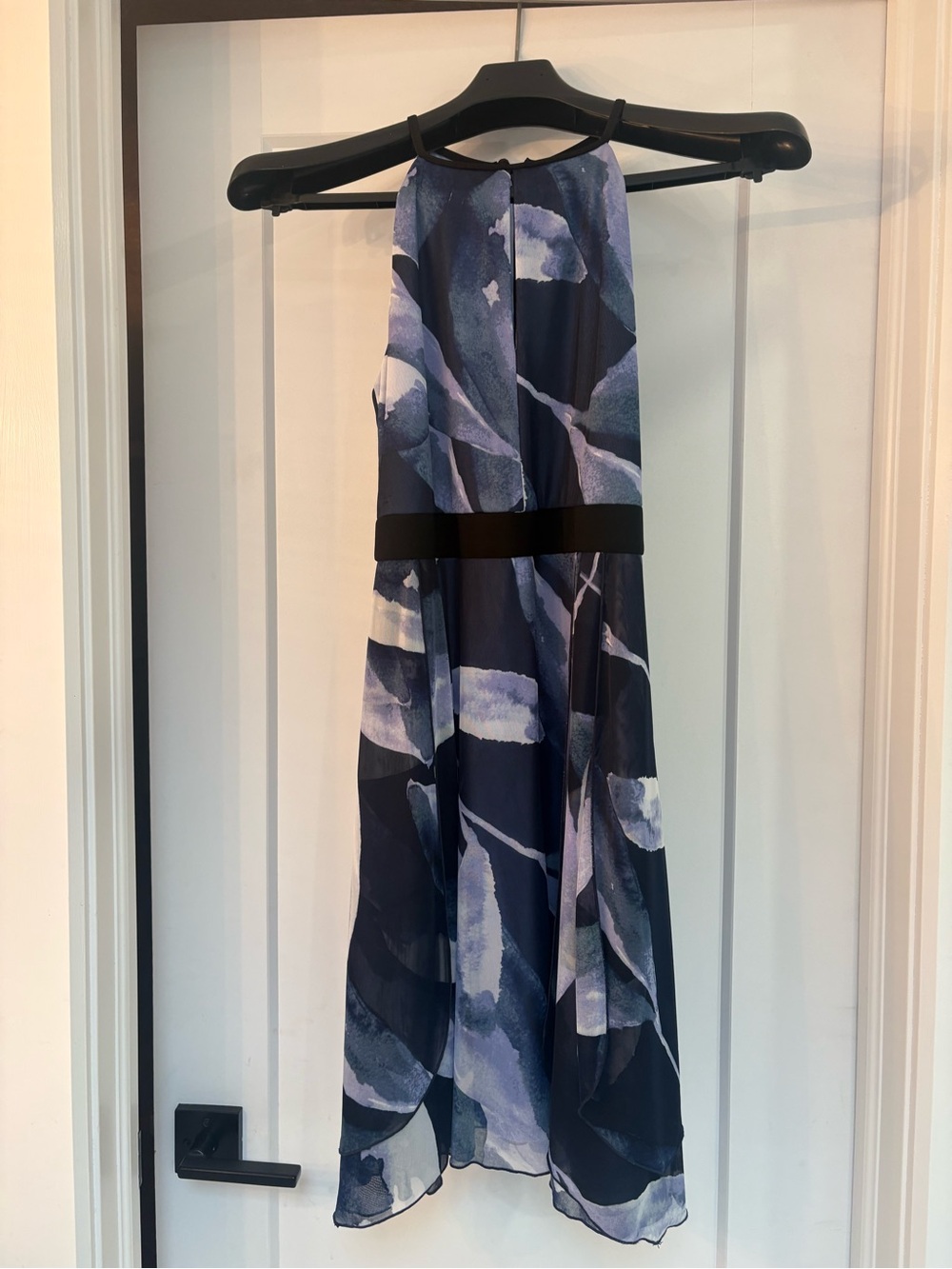 le chateau Navy and Light Blue Floral Dress with Dark Waistband - lined